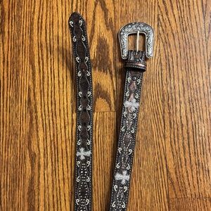 Ariat Brown Leather Belt Studded, Rhinestones, Cream Stitching & Silver Buckle